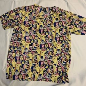 Smart Scrubs Cartoon Cats & Dogs Print Scrub Top - Yellow, Pink, Blue